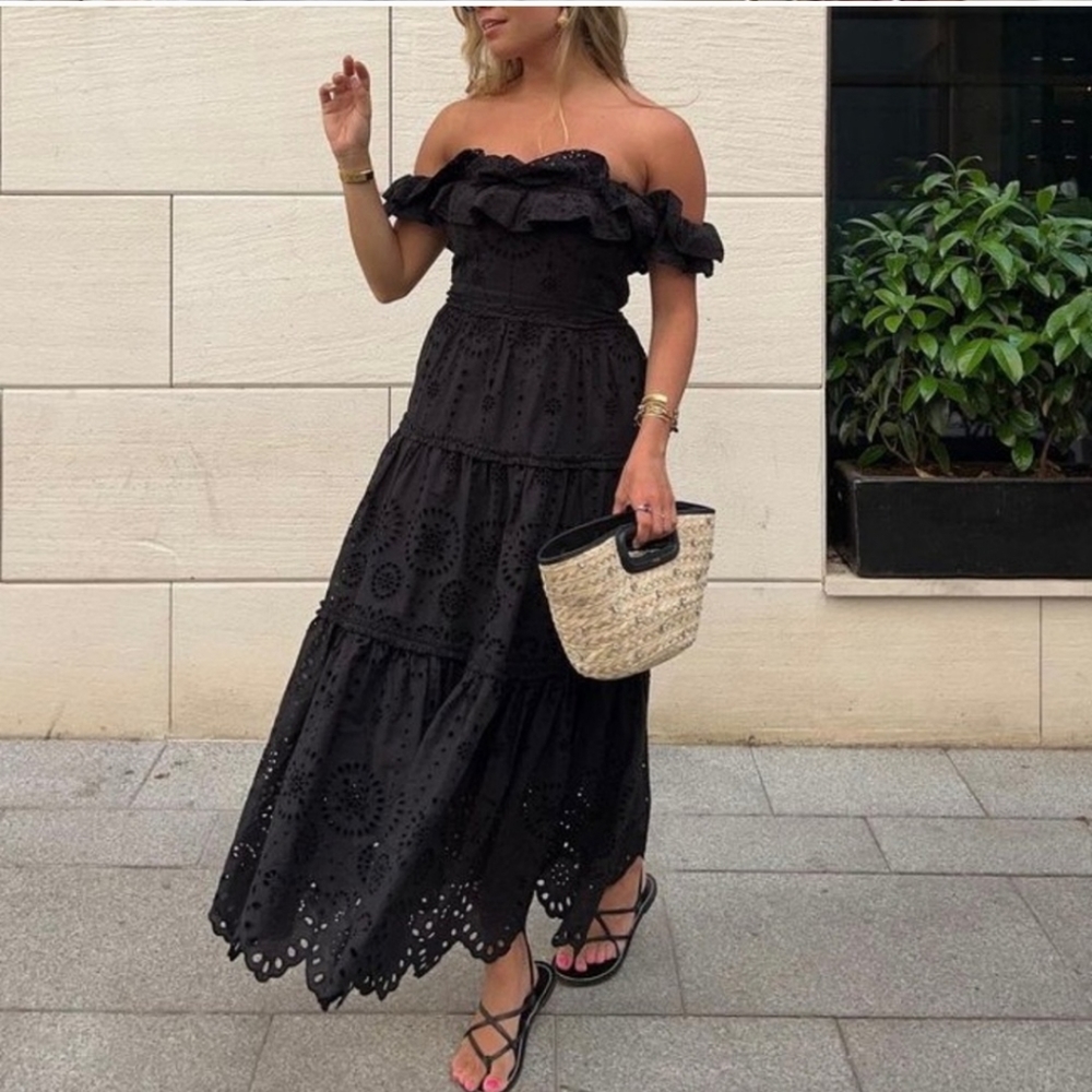 Zara off shoulder black embroidered dress maxi midi XS S